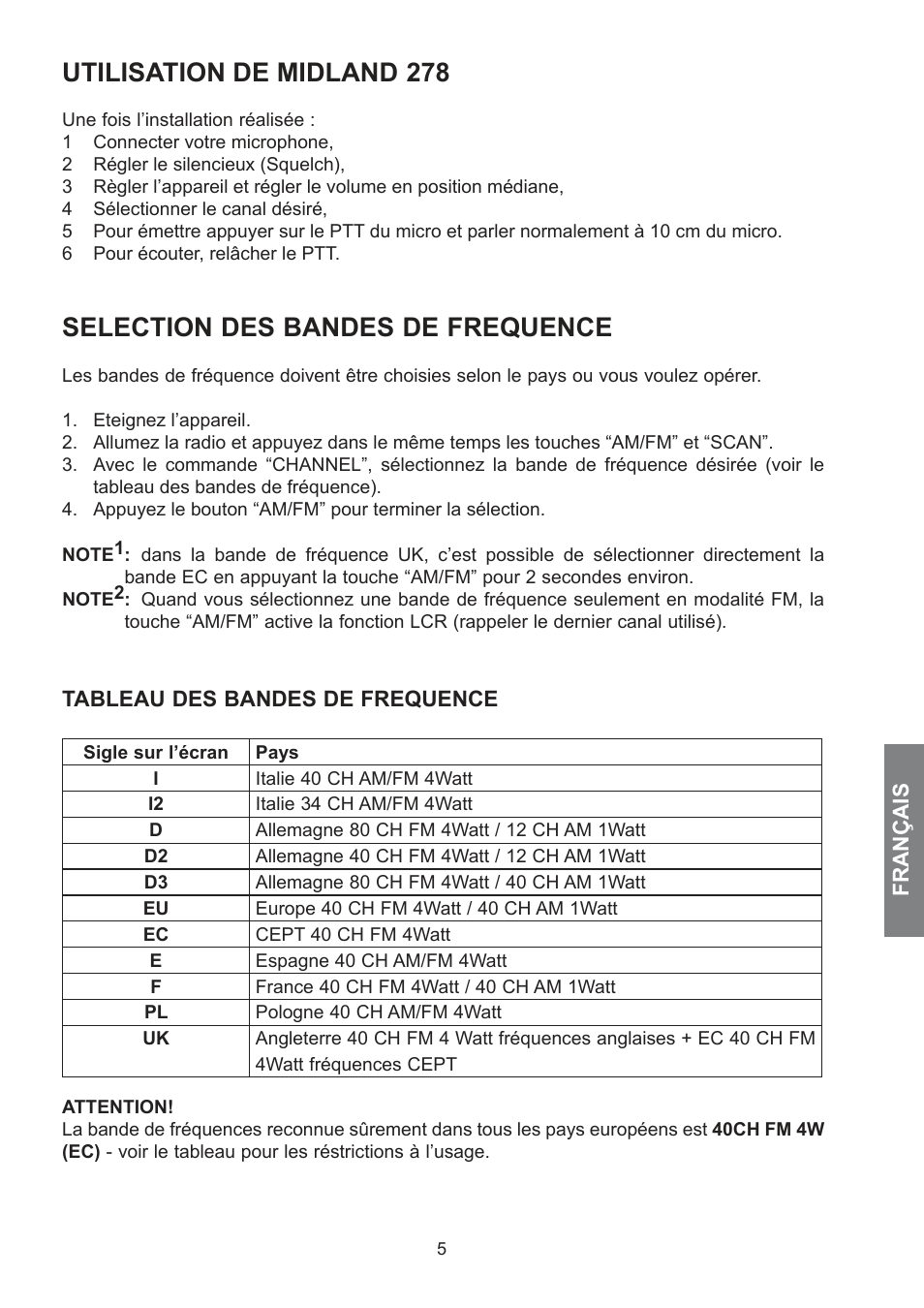 Utilisation de midland 278, Selection des bandes de frequence | MIDLAND 278 User Manual | Page 29 / 56