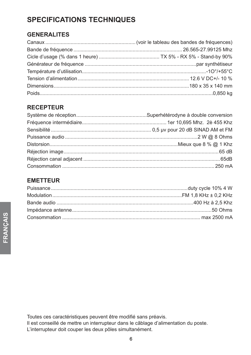 Specifications techniques | MIDLAND 278 User Manual | Page 30 / 56