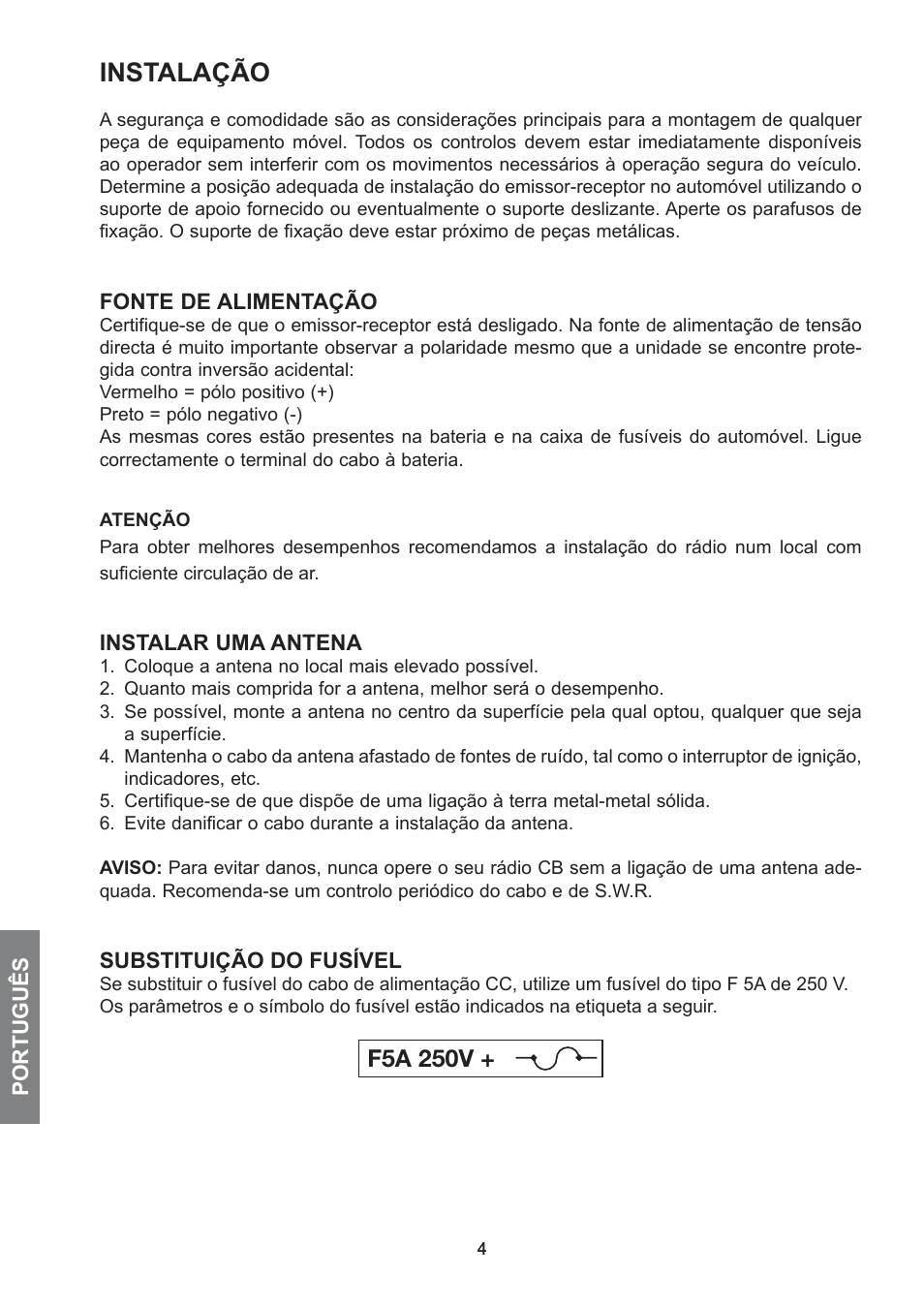 Instalação, F5a 250v | MIDLAND 278 User Manual | Page 34 / 56