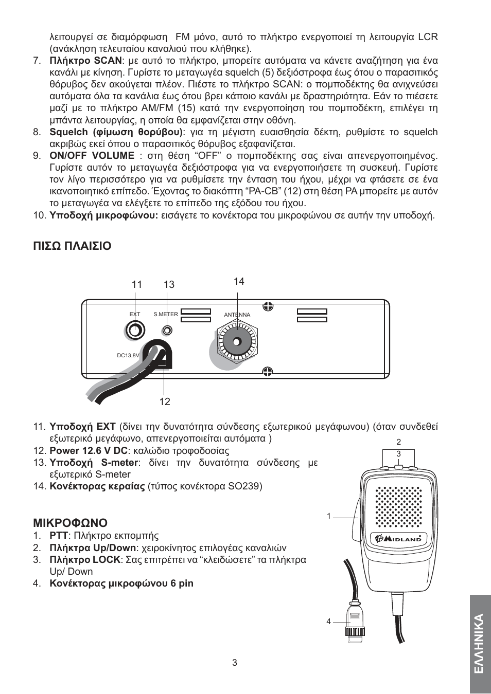 Ελληνικά, Πισω πλάισιο, Μικροφωνο | MIDLAND 278 User Manual | Page 39 / 56