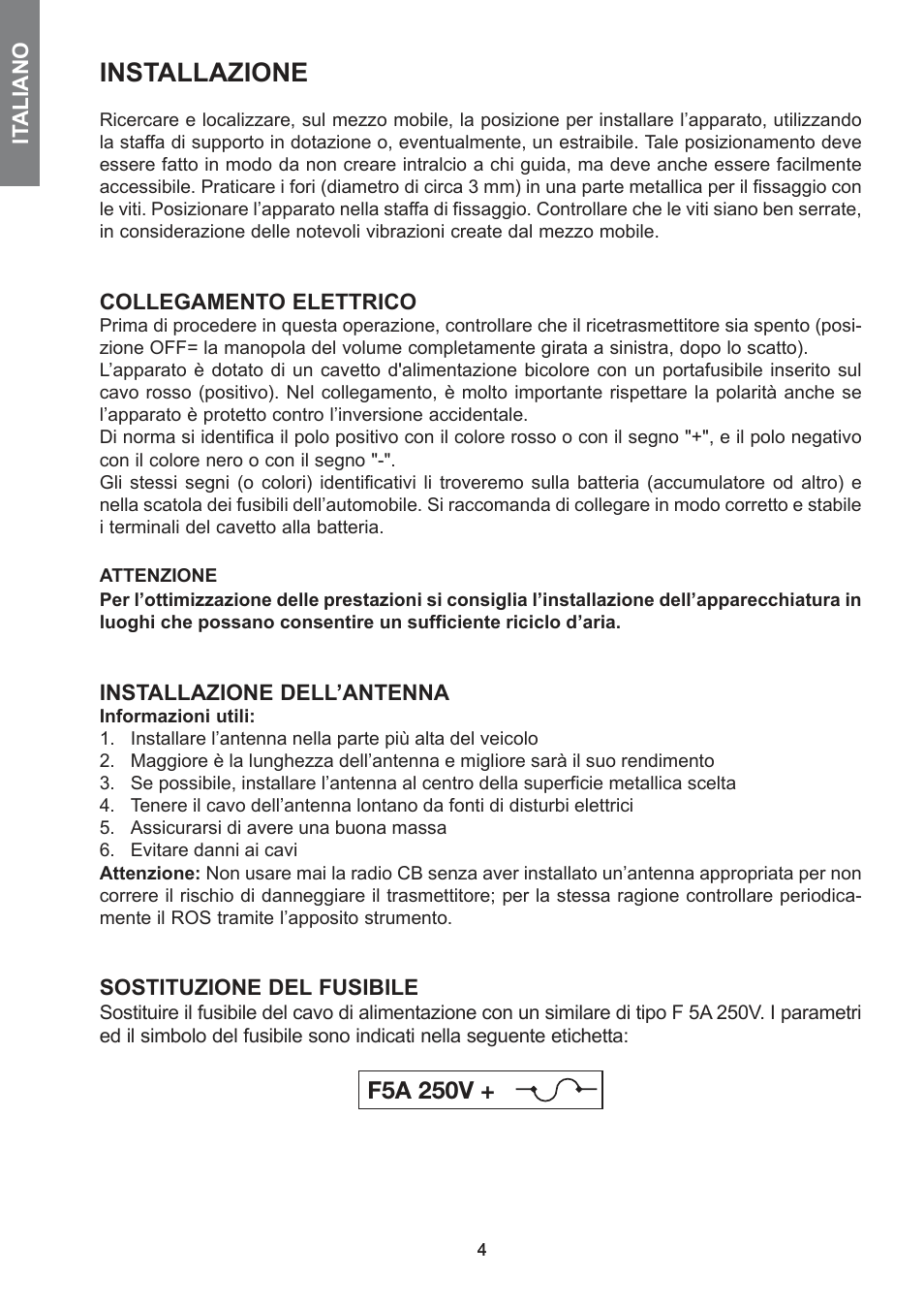 Installazione, F5a 250v | MIDLAND 278 User Manual | Page 4 / 56