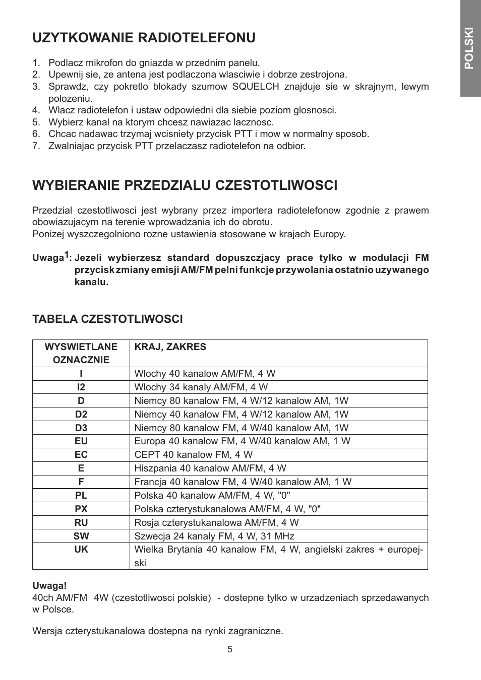 Uzytkowanie radiotelefonu, Wybieranie przedzialu czestotliwosci | MIDLAND 278 User Manual | Page 47 / 56