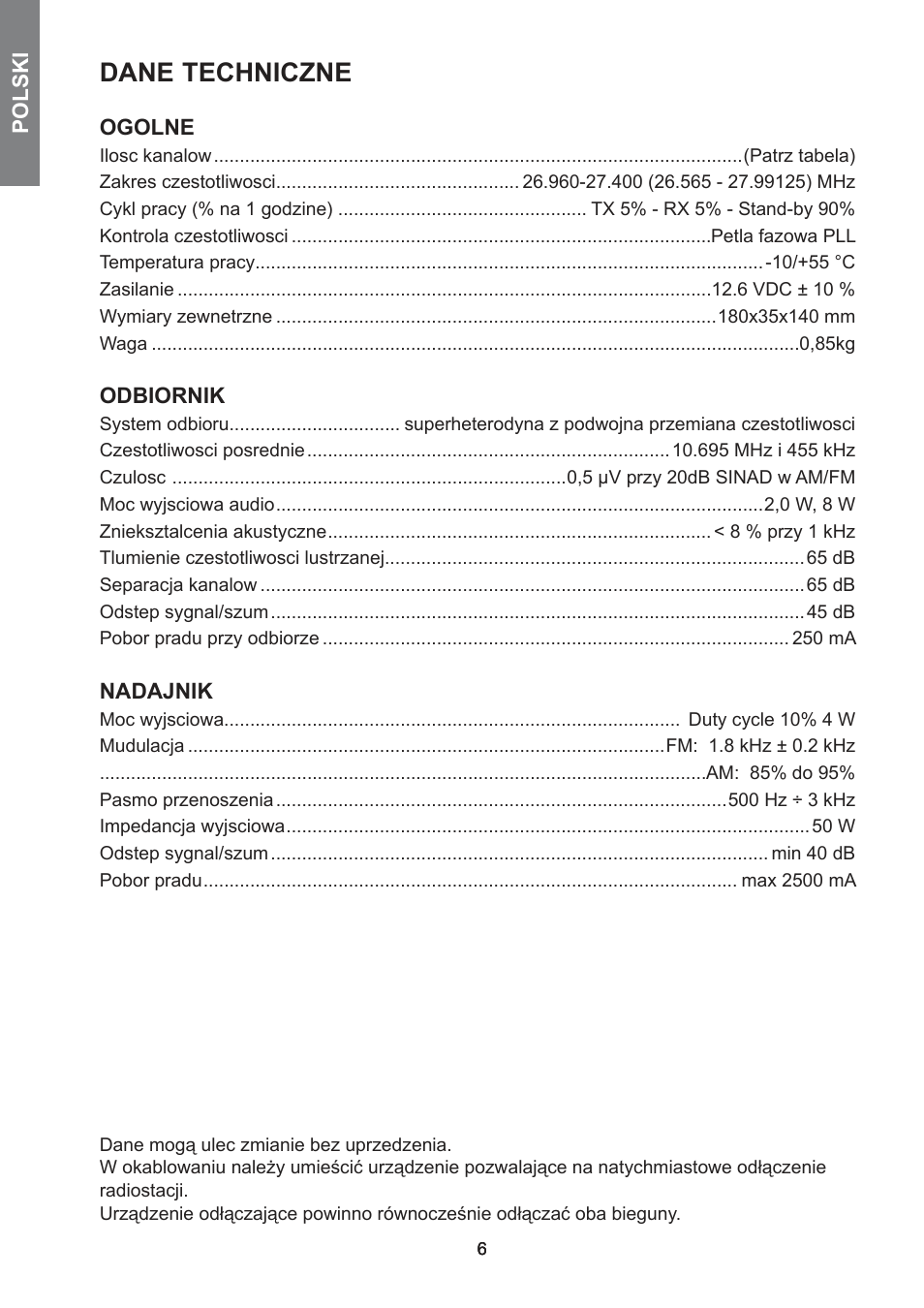 Dane techniczne | MIDLAND 278 User Manual | Page 48 / 56