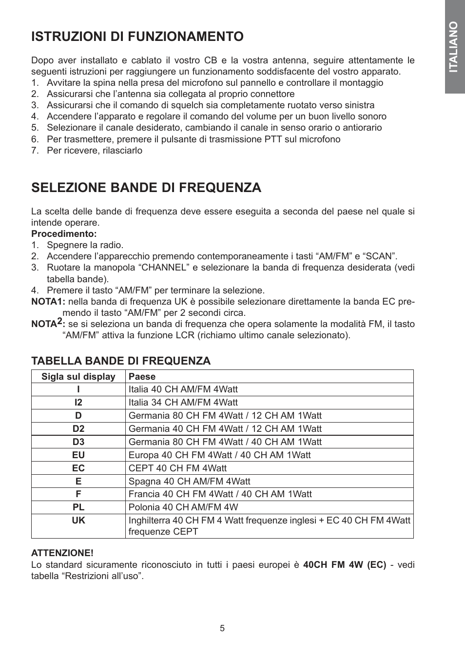 Istruzioni di funzionamento, Selezione bande di frequenza | MIDLAND 278 User Manual | Page 5 / 56