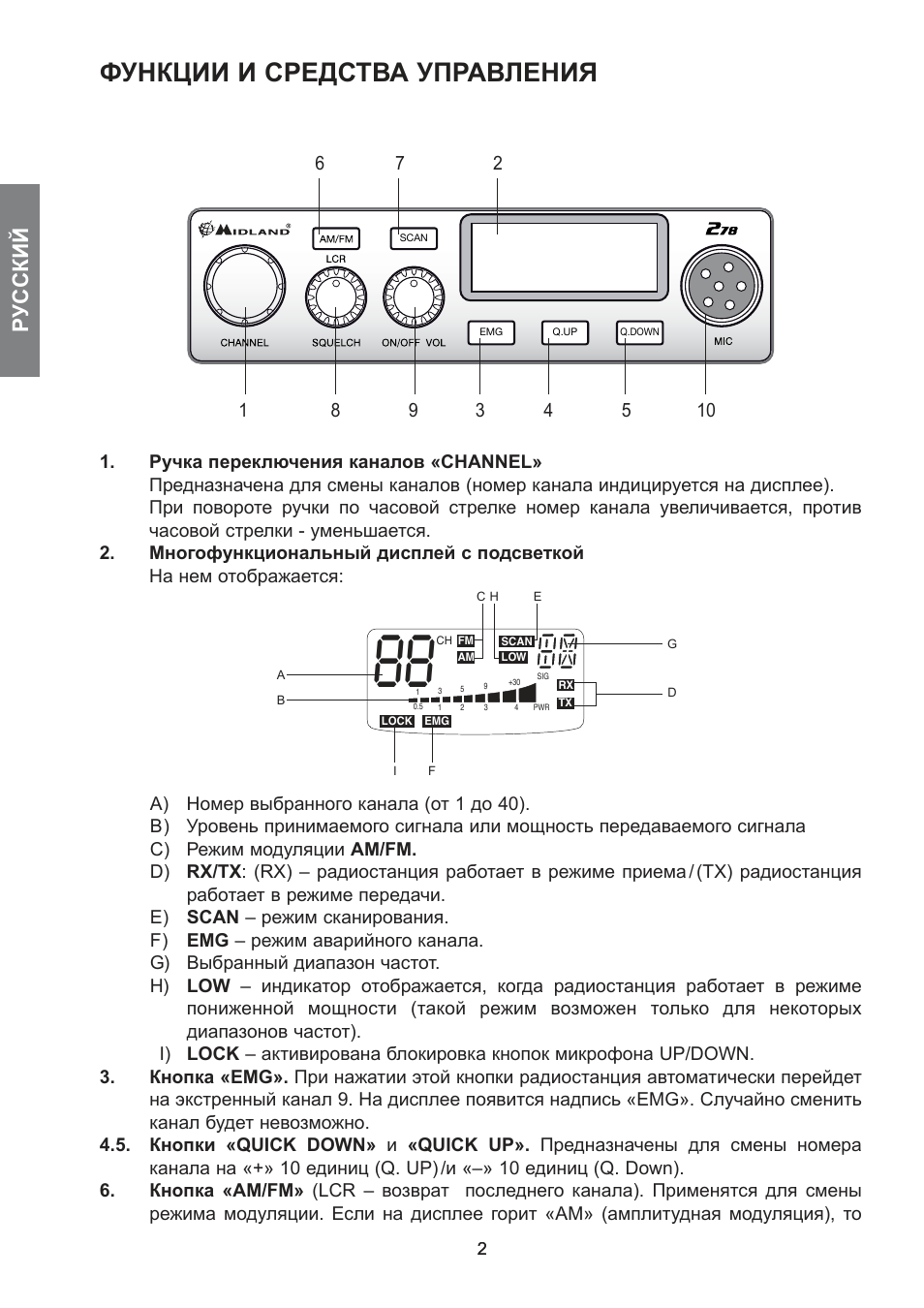 Функции и средства управления, Русский | MIDLAND 278 User Manual | Page 50 / 56