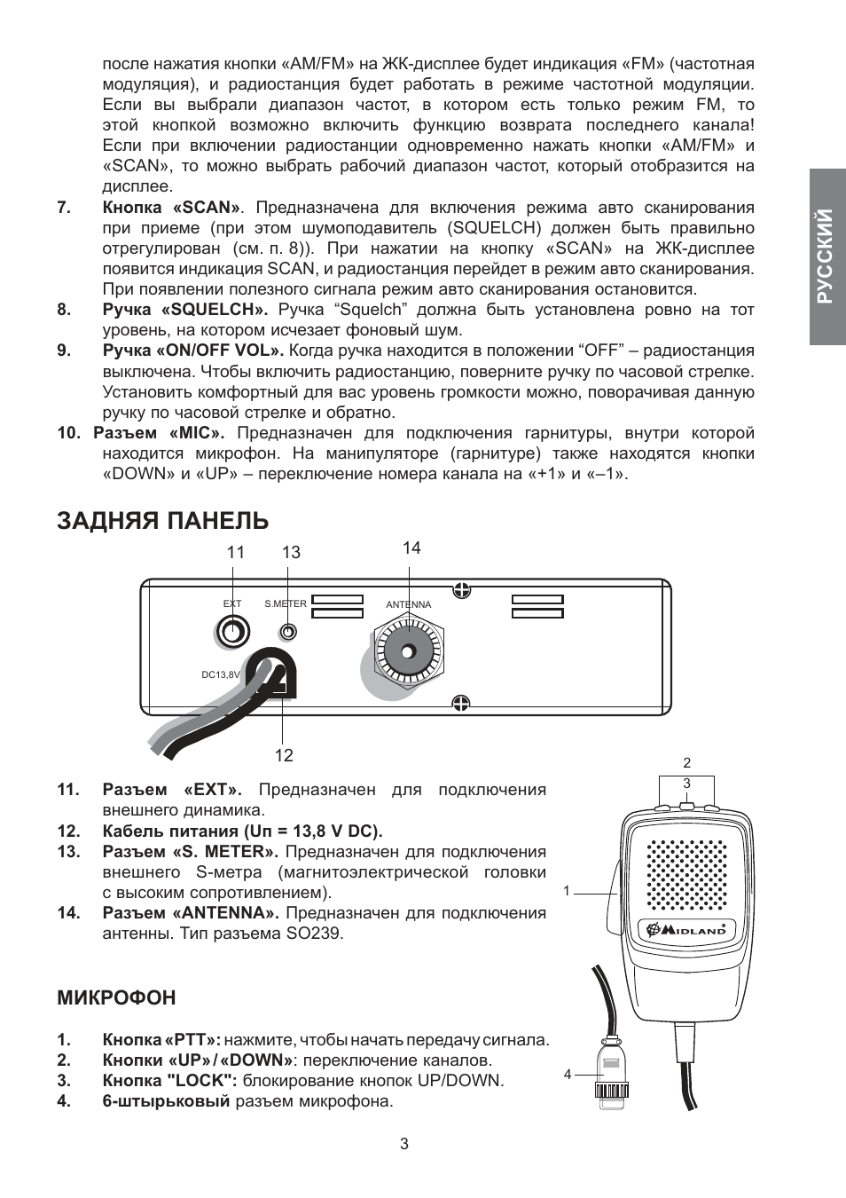 Задняя панель, Русский, Микрофон | MIDLAND 278 User Manual | Page 51 / 56