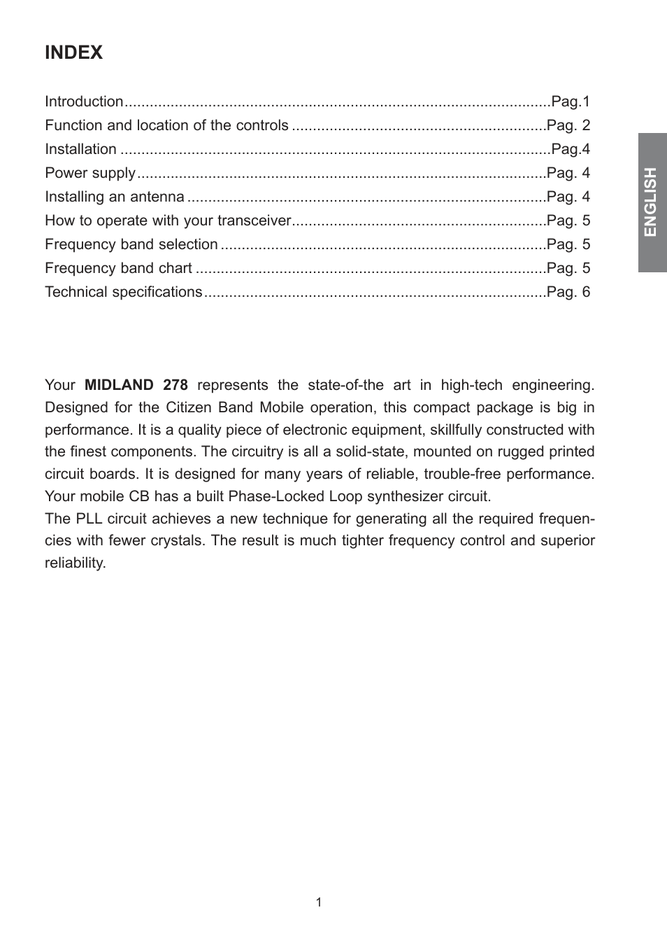 Index | MIDLAND 278 User Manual | Page 7 / 56