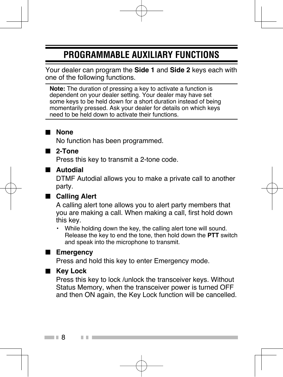 Programmable auxiliary functions | Kenwood TK-2406M User Manual | Page 14 / 21