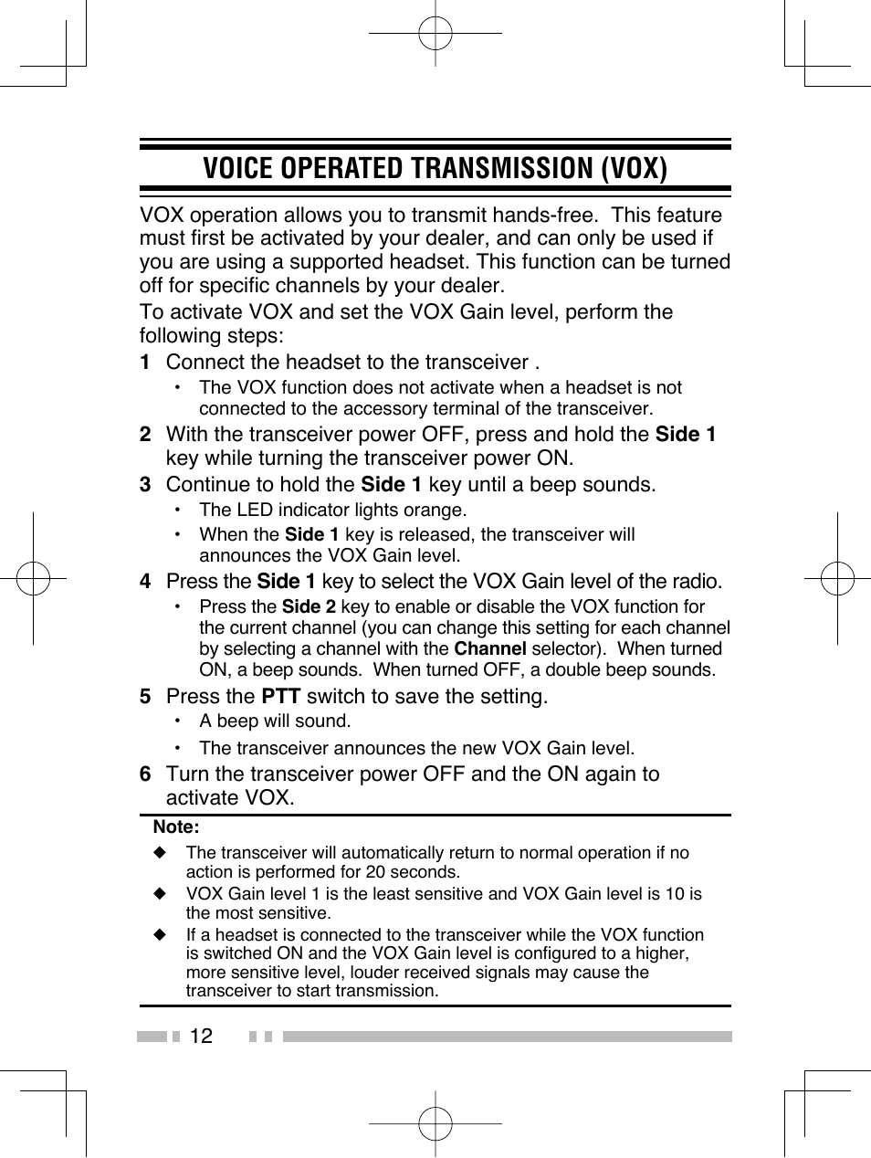 Voice operated transmission (vox) | Kenwood TK-2406M User Manual | Page 18 / 21