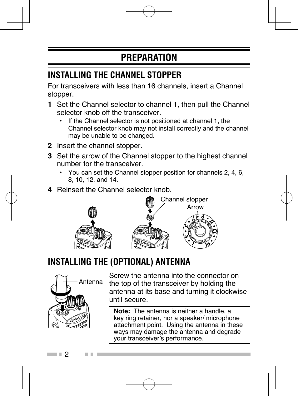 Preparation, Installing the channel stopper, Installing the (optional) antenna | Kenwood TK-2406M User Manual | Page 8 / 21