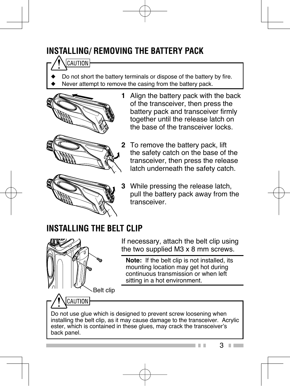 Installing/ removing the battery pack, Installing the belt clip | Kenwood TK-2406M User Manual | Page 9 / 21