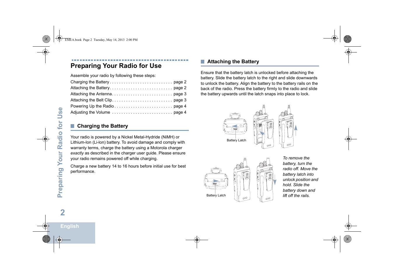 Preparing your radio for use, Charging the battery, Attaching the battery | Charging the battery attaching the battery | Motorola DP 1400 User Manual | Page 10 / 402