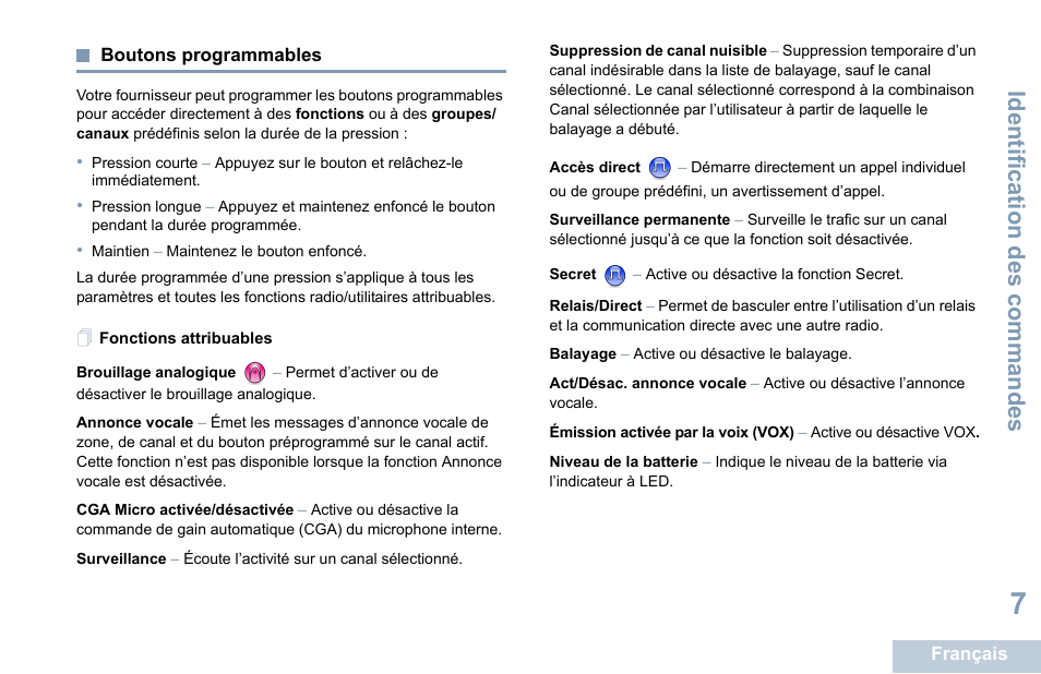 Boutons programmables, Fonctions attribuables, Identification des commandes | Motorola DP 1400 User Manual | Page 103 / 402