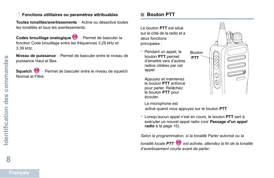 Fonctions utilitaires ou paramètres attribuables, Bouton ptt, Identification des commandes | Motorola DP 1400 User Manual | Page 104 / 402