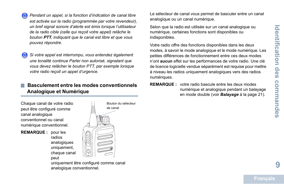 Basculement entre les modes conventionnels, Analogique et numérique, Identification des commandes | Motorola DP 1400 User Manual | Page 105 / 402