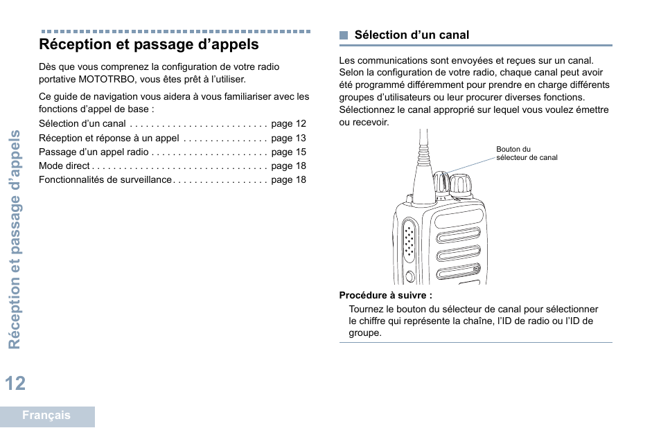 Réception et passage d’appels, Sélection d’un canal | Motorola DP 1400 User Manual | Page 108 / 402