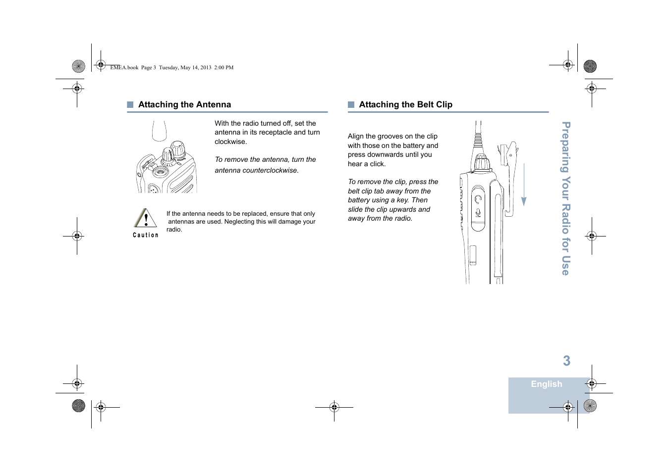 Attaching the antenna, Attaching the belt clip, Attaching the antenna attaching the belt clip | Motorola DP 1400 User Manual | Page 11 / 402