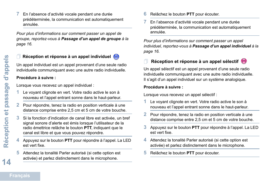 Réception et réponse à un appel individuel, Réception et p assage d’appels | Motorola DP 1400 User Manual | Page 110 / 402