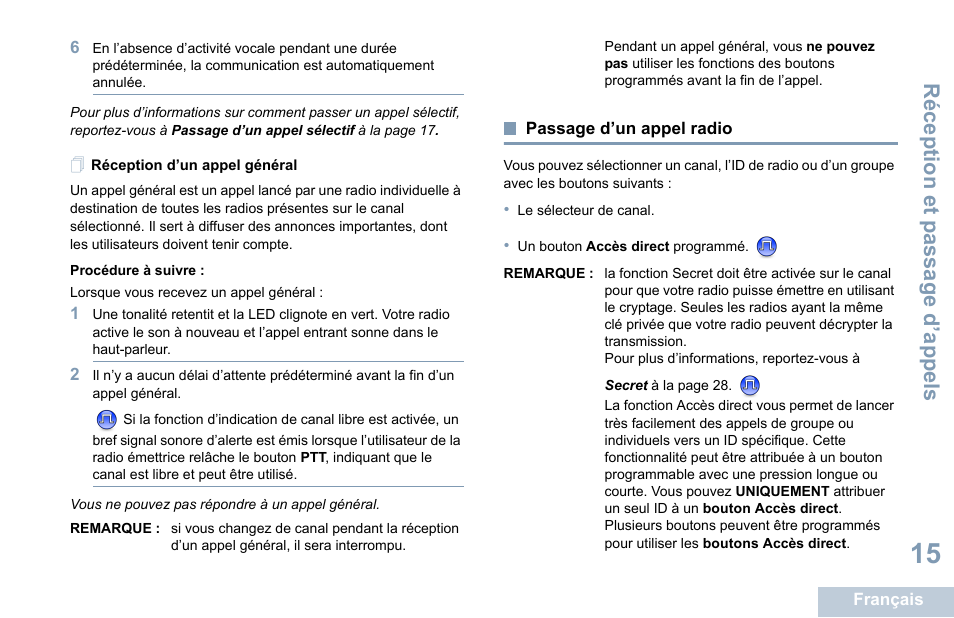 Réception d’un appel général, Passage d’un appel radio, Réception et p assage d’appels | Motorola DP 1400 User Manual | Page 111 / 402