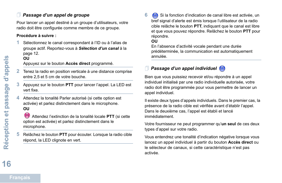 Passage d’un appel de groupe, Passage d’un appel individuel, Réception et p assage d’appels | Motorola DP 1400 User Manual | Page 112 / 402