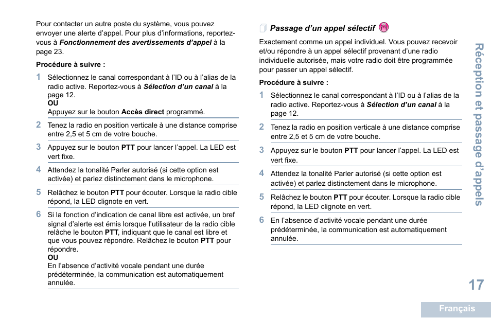 Passage d’un appel sélectif, Réception et p assage d’appels | Motorola DP 1400 User Manual | Page 113 / 402