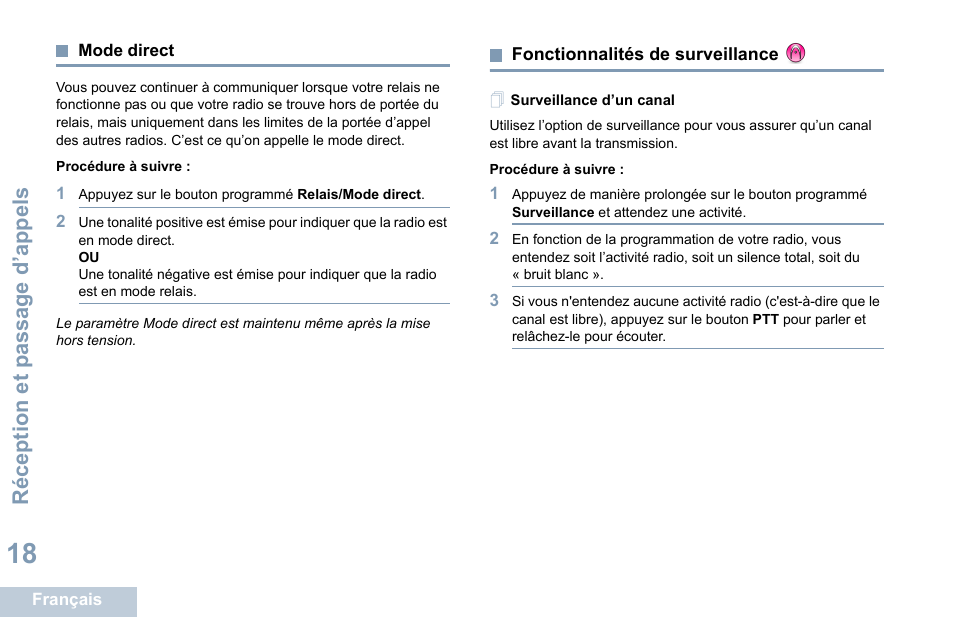 Mode direct, Fonctionnalités de surveillance, Surveillance d’un canal | Mode direct fonctionnalités de surveillance | Motorola DP 1400 User Manual | Page 114 / 402