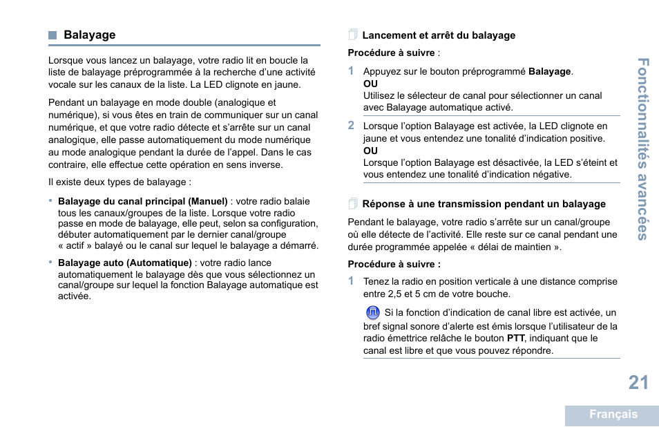 Balayage, Lancement et arrêt du balayage, Réponse à une transmission pendant un balayage | Fonctionnalités avancées | Motorola DP 1400 User Manual | Page 117 / 402