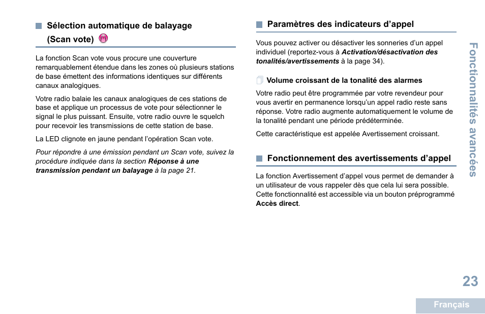 Sélection automatique de balayage (scan vote), Paramètres des indicateurs d’appel, Volume croissant de la tonalité des alarmes | Fonctionnement des avertissements d’appel | Motorola DP 1400 User Manual | Page 119 / 402