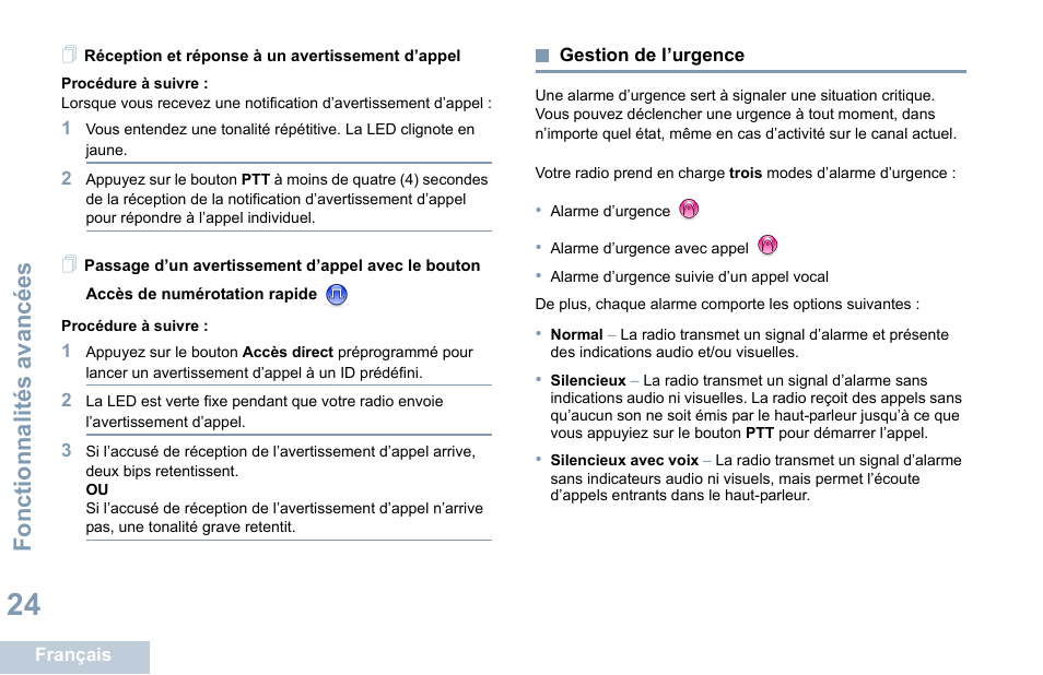 Réception et réponse à un avertissement d’appel, Gestion de l’urgence, Fonctionnalités avancées | Motorola DP 1400 User Manual | Page 120 / 402