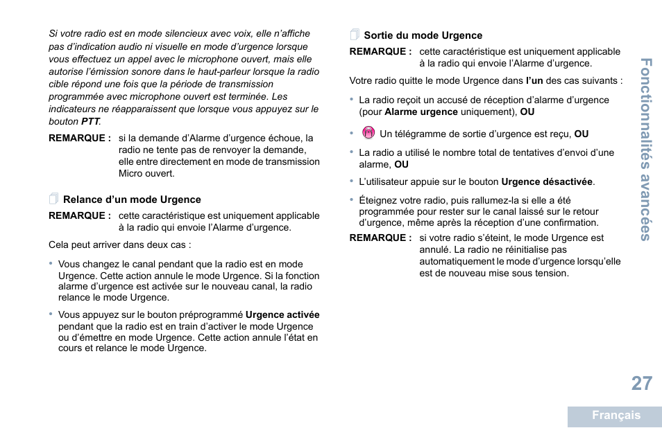 Relance d’un mode urgence, Sortie du mode urgence, Relance d’un mode urgence sortie du mode urgence | Fonctionnalités avancées | Motorola DP 1400 User Manual | Page 123 / 402