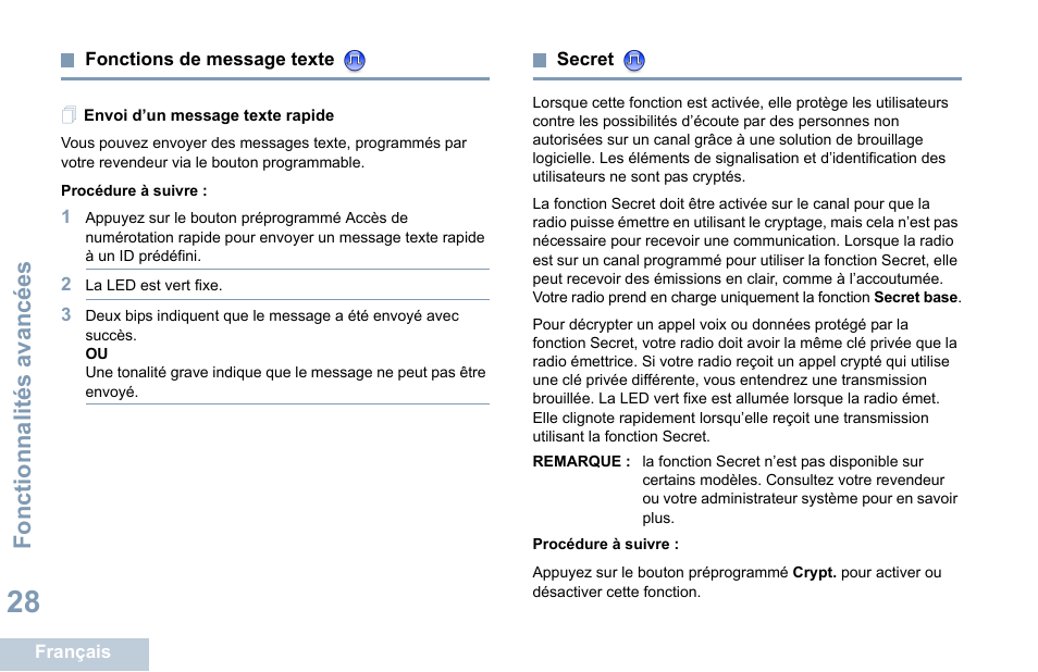 Fonctions de message texte, Envoi d’un message texte rapide, Secret | Fonctionnalités avancées | Motorola DP 1400 User Manual | Page 124 / 402