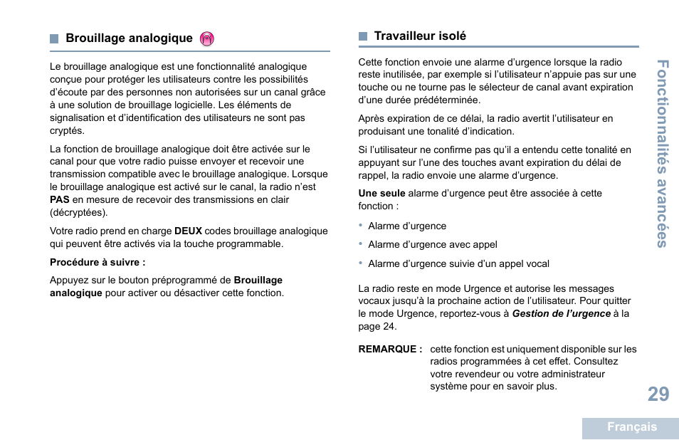 Brouillage analogique, Travailleur isolé, Brouillage analogique travailleur isolé | Fonctionnalités avancées | Motorola DP 1400 User Manual | Page 125 / 402