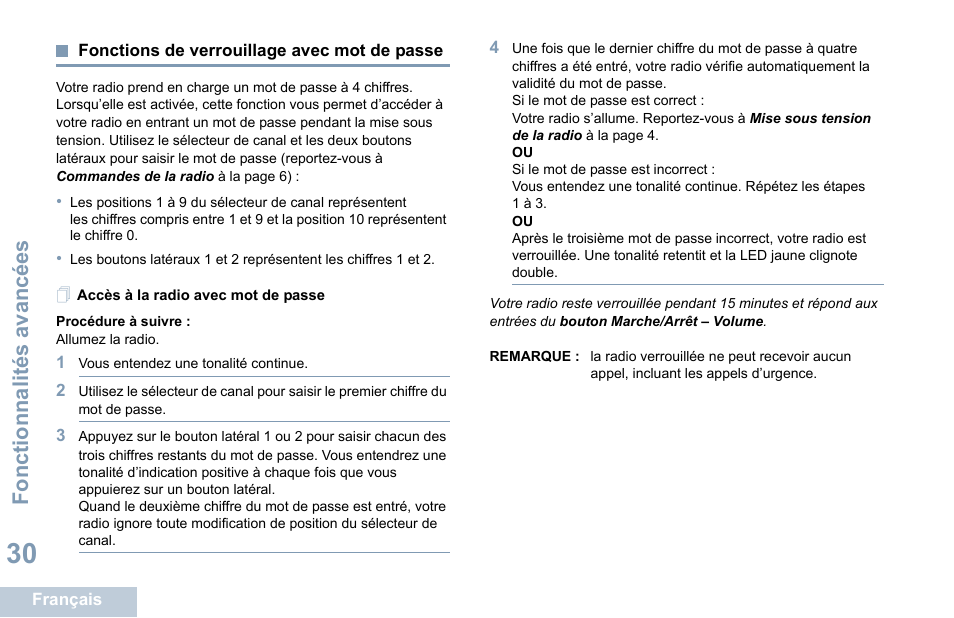 Fonctions de verrouillage avec mot de passe, Accès à la radio avec mot de passe, Fonctionnalités avancées | Motorola DP 1400 User Manual | Page 126 / 402