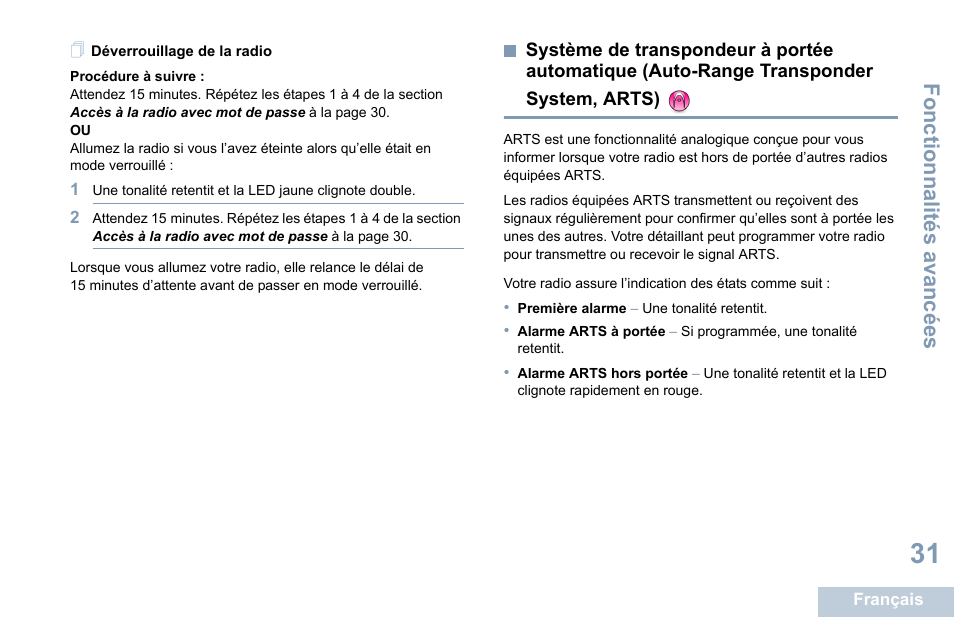 Déverrouillage de la radio, Système de transpondeur à portée automatique, Auto-range transponder system, arts) | Fonctionnalités avancées | Motorola DP 1400 User Manual | Page 127 / 402