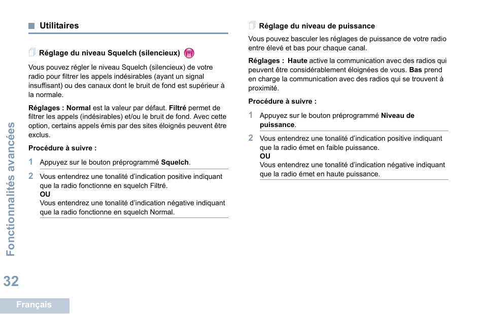 Utilitaires, Réglage du niveau squelch (silencieux), Réglage du niveau de puissance | Fonctionnalités avancées | Motorola DP 1400 User Manual | Page 128 / 402