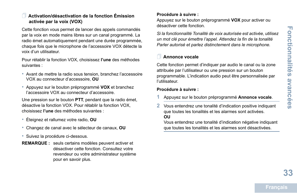 Annonce vocale, Fonctionnalités avancées | Motorola DP 1400 User Manual | Page 129 / 402