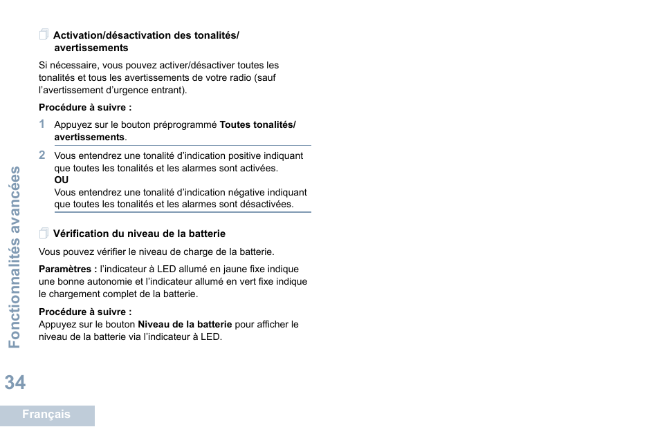 Vérification du niveau de la batterie, Fonctionnalités avancées | Motorola DP 1400 User Manual | Page 130 / 402