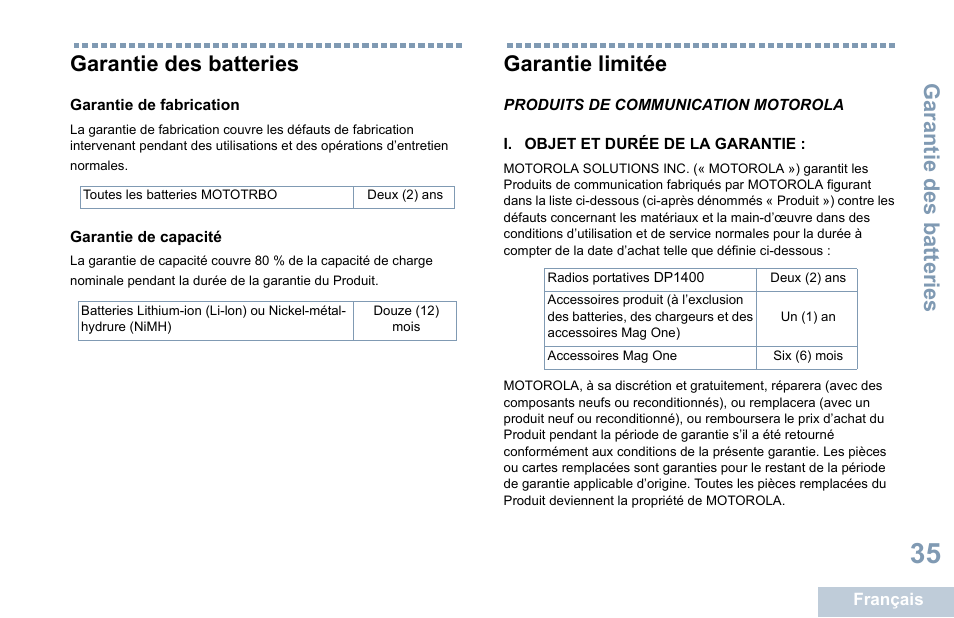 Garantie des batteries, Garantie de fabrication, Garantie de capacité | Garantie limitée, Produits de communication motorola, I. objet et durée de la garantie | Motorola DP 1400 User Manual | Page 131 / 402