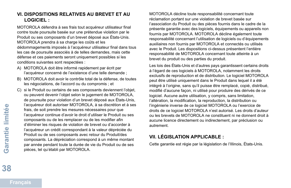 Vii. législation applicable, Garantie limitée | Motorola DP 1400 User Manual | Page 134 / 402