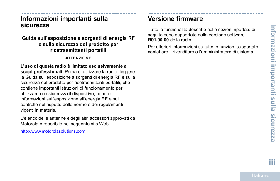 Informazioni importanti sulla sicurezza, Versione firmware | Motorola DP 1400 User Manual | Page 137 / 402