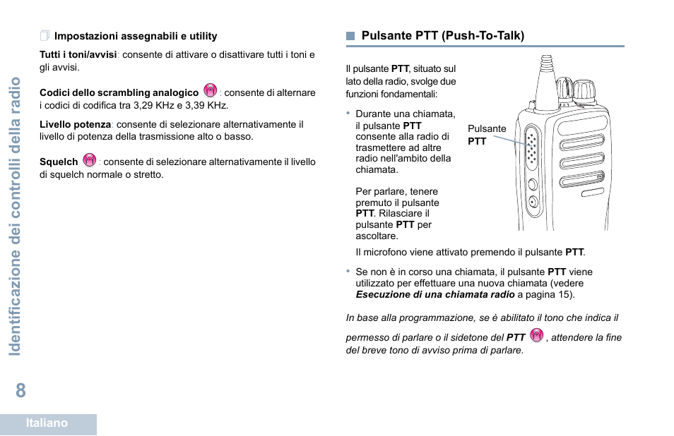 Impostazioni assegnabili e utility, Pulsante ptt (push-to-talk), Identificazione dei controlli della radio | Motorola DP 1400 User Manual | Page 148 / 402