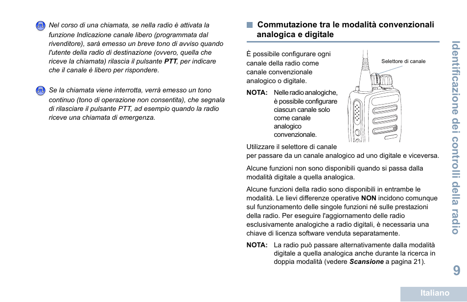 Commutazione tra le modalità convenzionali, Analogica e digitale, Identificazione dei controlli della radio | Motorola DP 1400 User Manual | Page 149 / 402