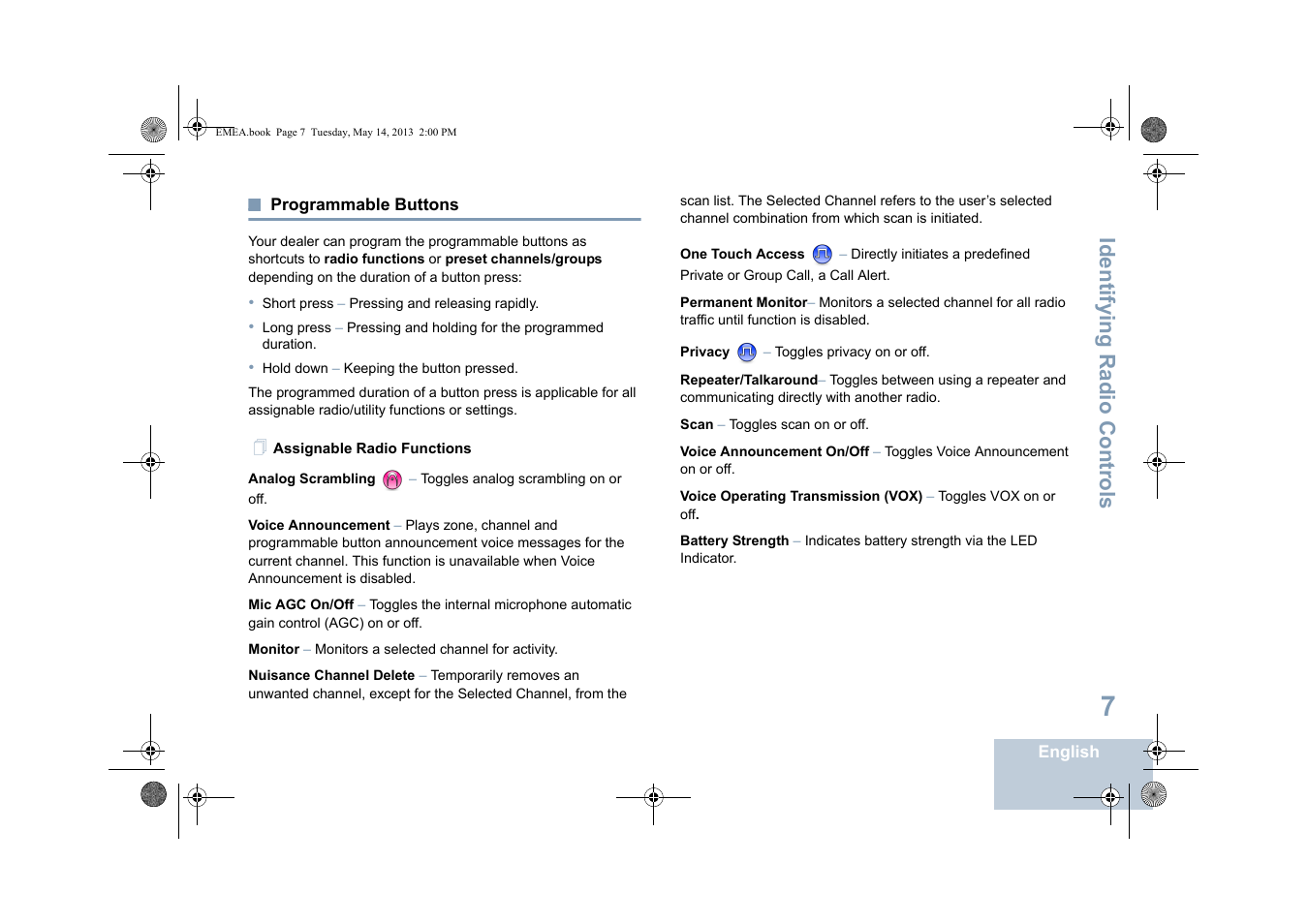 Programmable buttons, Assignable radio functions, Identifying radio controls | Motorola DP 1400 User Manual | Page 15 / 402