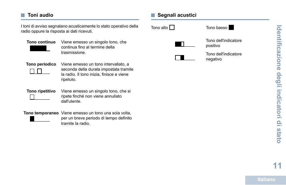 Toni audio, Segnali acustici, Toni audio segnali acustici | Identificazione degli indicatori di st ato | Motorola DP 1400 User Manual | Page 151 / 402