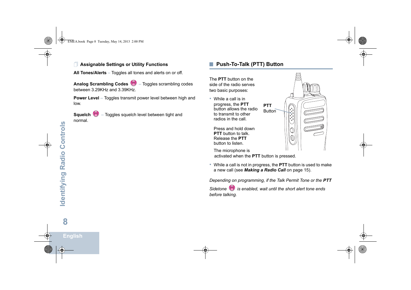 Assignable settings or utility functions, Push-to-talk (ptt) button, Identifying radio controls | Motorola DP 1400 User Manual | Page 16 / 402