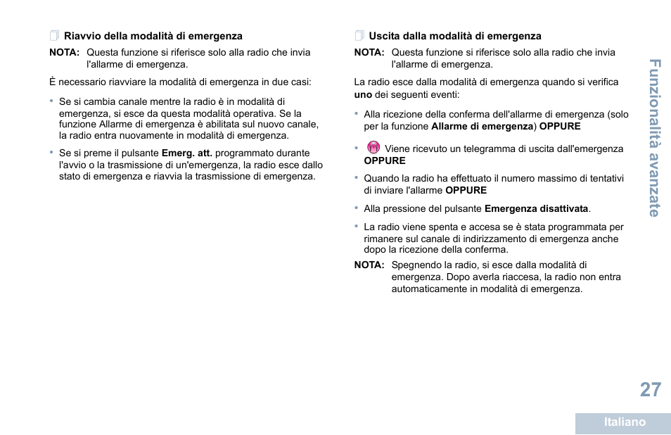 Riavvio della modalità di emergenza, Uscita dalla modalità di emergenza, Funzional ità ava nza te | Motorola DP 1400 User Manual | Page 167 / 402