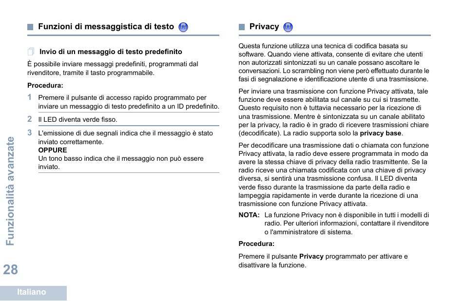 Funzioni di messaggistica di testo, Invio di un messaggio di testo predefinito, Privacy | Funzionalità avanzate | Motorola DP 1400 User Manual | Page 168 / 402