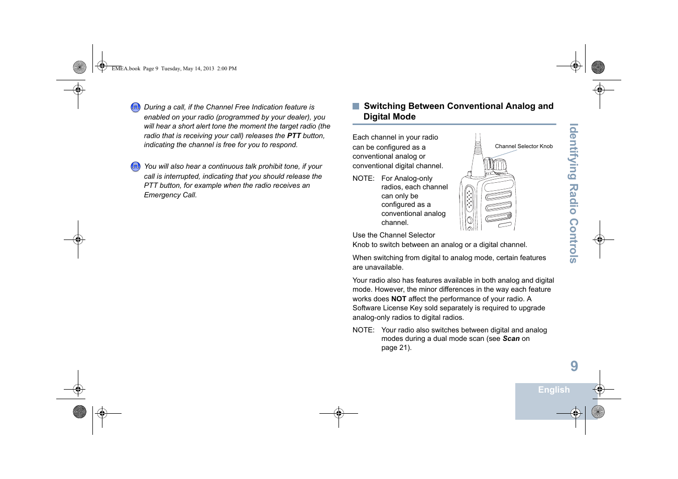 Switching between conventional analog and, Digital mode, Identifying radio controls | Motorola DP 1400 User Manual | Page 17 / 402