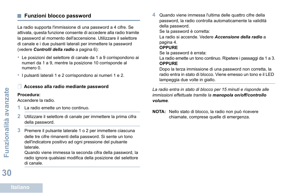 Funzioni blocco password, Accesso alla radio mediante password, Funzionalità avanzate | Motorola DP 1400 User Manual | Page 170 / 402