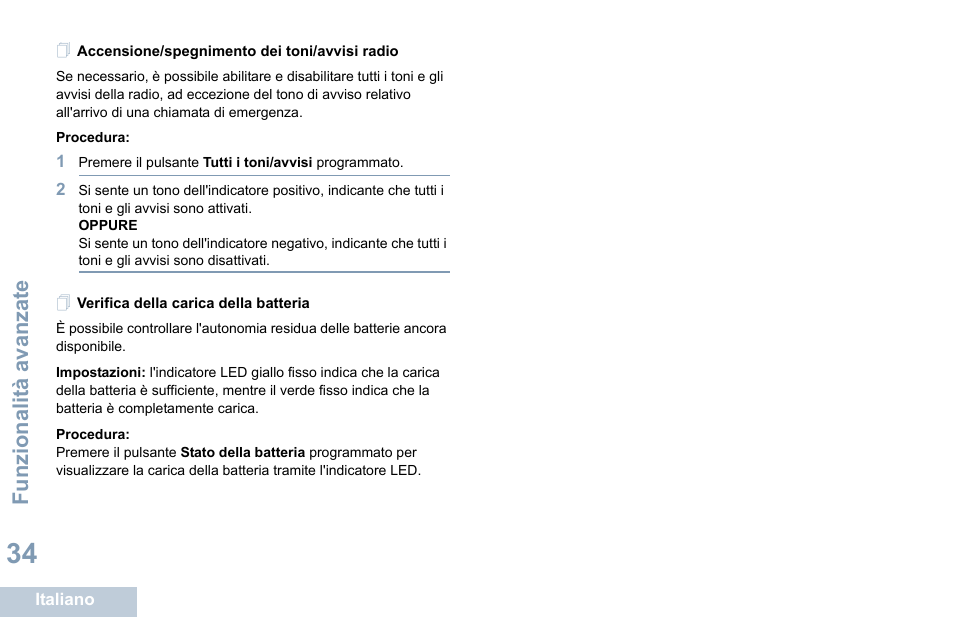 Accensione/spegnimento dei toni/avvisi radio, Verifica della carica della batteria | Motorola DP 1400 User Manual | Page 174 / 402